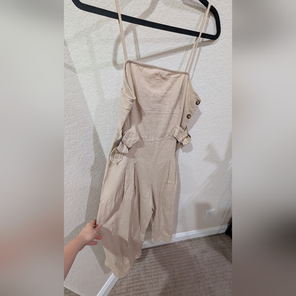 Promesa Beige Wideleg Cotton Jumpsuit with Button And Waist belt Detail - Picture 2 of 10